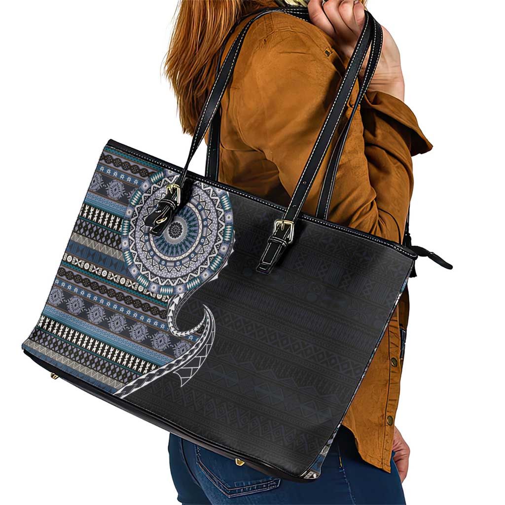 Fijian Masi Tribal Tattoos Art Pattern Leather Tote Bag Navy Color Half Style - Polynesian Pride