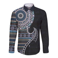 Fijian Masi Tribal Tattoos Art Pattern Long Sleeve Button Shirt Navy Color Half Style LT03 Unisex Navy - Polynesian Pride