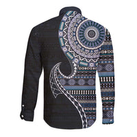 Fijian Masi Tribal Tattoos Art Pattern Long Sleeve Button Shirt Navy Color Half Style LT03 - Polynesian Pride
