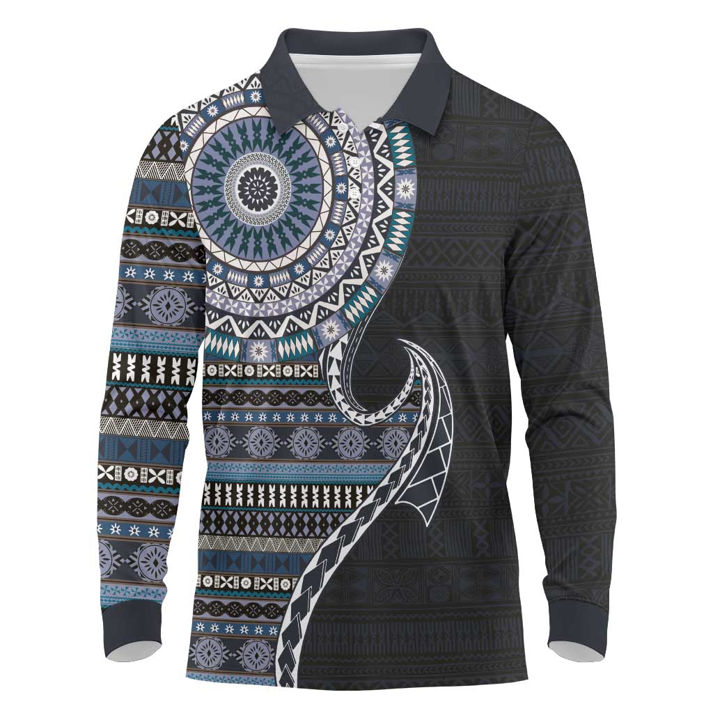 Fijian Masi Tribal Tattoos Art Pattern Long Sleeve Polo Shirt Navy Color Half Style LT03 Navy - Polynesian Pride
