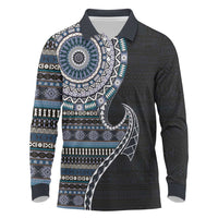 Fijian Masi Tribal Tattoos Art Pattern Long Sleeve Polo Shirt Navy Color Half Style LT03 Navy - Polynesian Pride