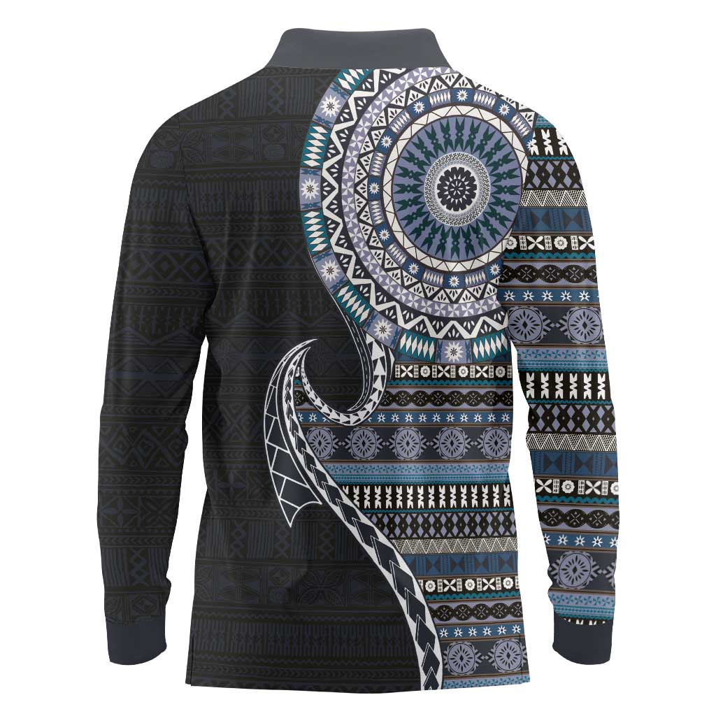 Fijian Masi Tribal Tattoos Art Pattern Long Sleeve Polo Shirt Navy Color Half Style LT03 - Polynesian Pride