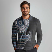 Fijian Masi Tribal Tattoos Art Pattern Long Sleeve Polo Shirt Navy Color Half Style LT03 - Polynesian Pride