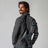 Fijian Masi Tribal Tattoos Art Pattern Long Sleeve Polo Shirt Navy Color Half Style LT03 - Polynesian Pride
