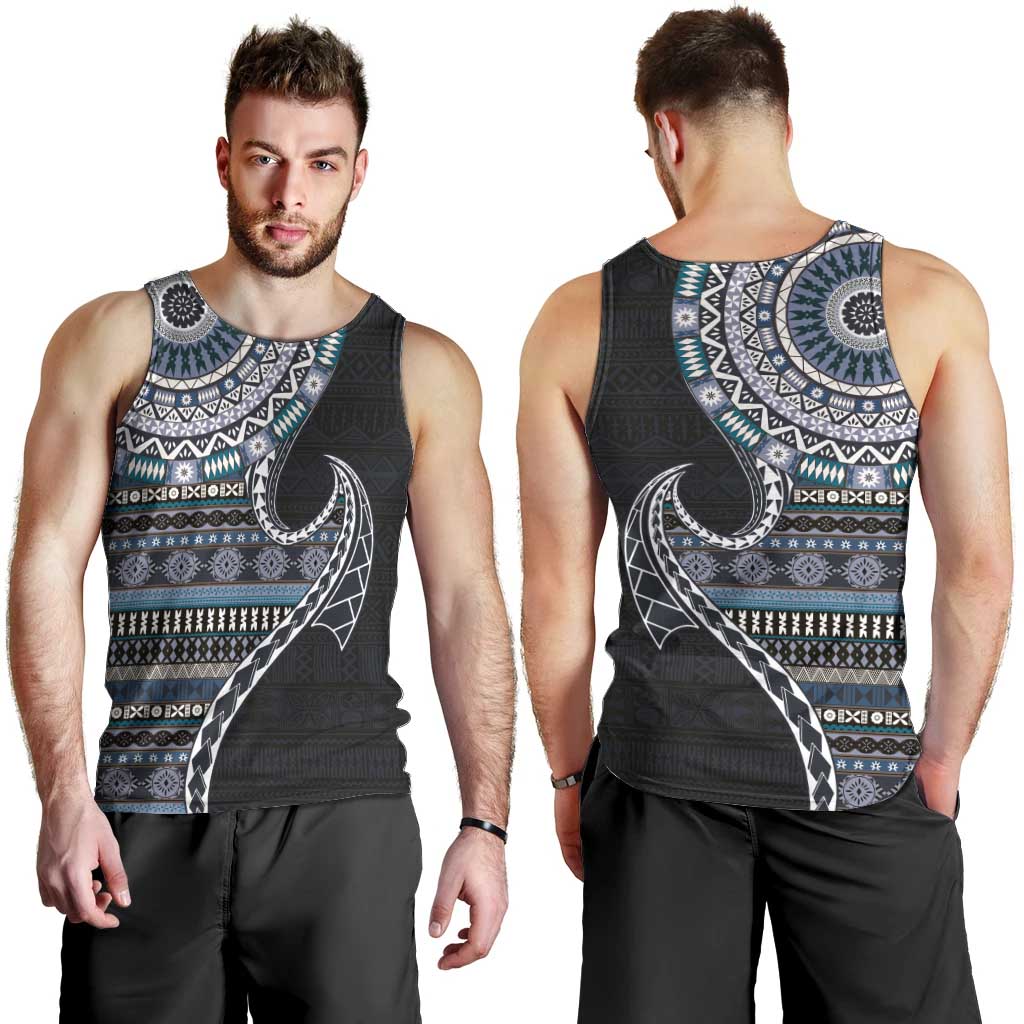 Fijian Masi Tribal Tattoos Art Pattern Men Tank Top Navy Color Half Style - Polynesian Pride