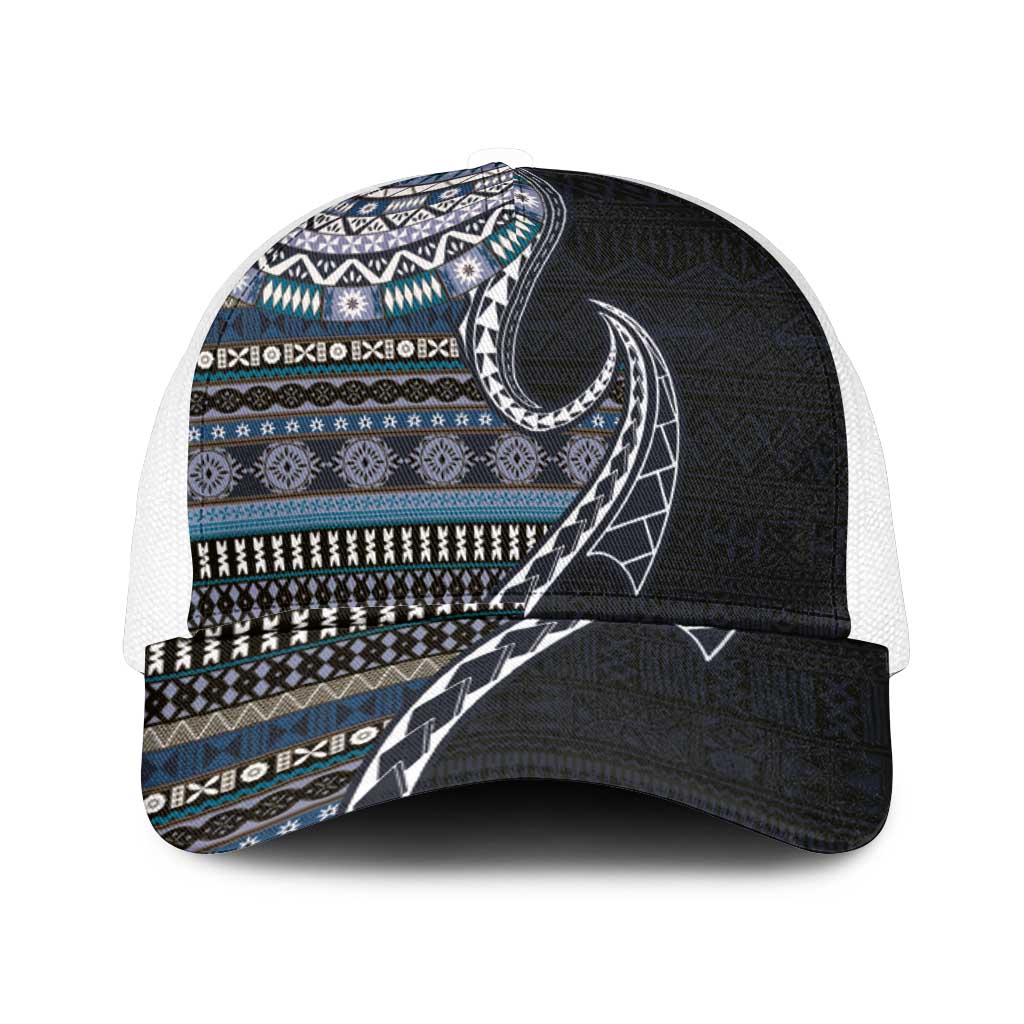 Fijian Masi Tribal Tattoos Art Pattern Mesh Trucker Cap Navy Color Half Style - Polynesian Pride