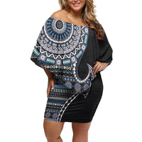 Fijian Masi Tribal Tattoos Art Pattern Off Shoulder Short Dress Navy Color Half Style - Polynesian Pride