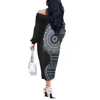 Fijian Masi Tribal Tattoos Art Pattern Off The Shoulder Long Sleeve Dress Navy Color Half Style - Polynesian Pride