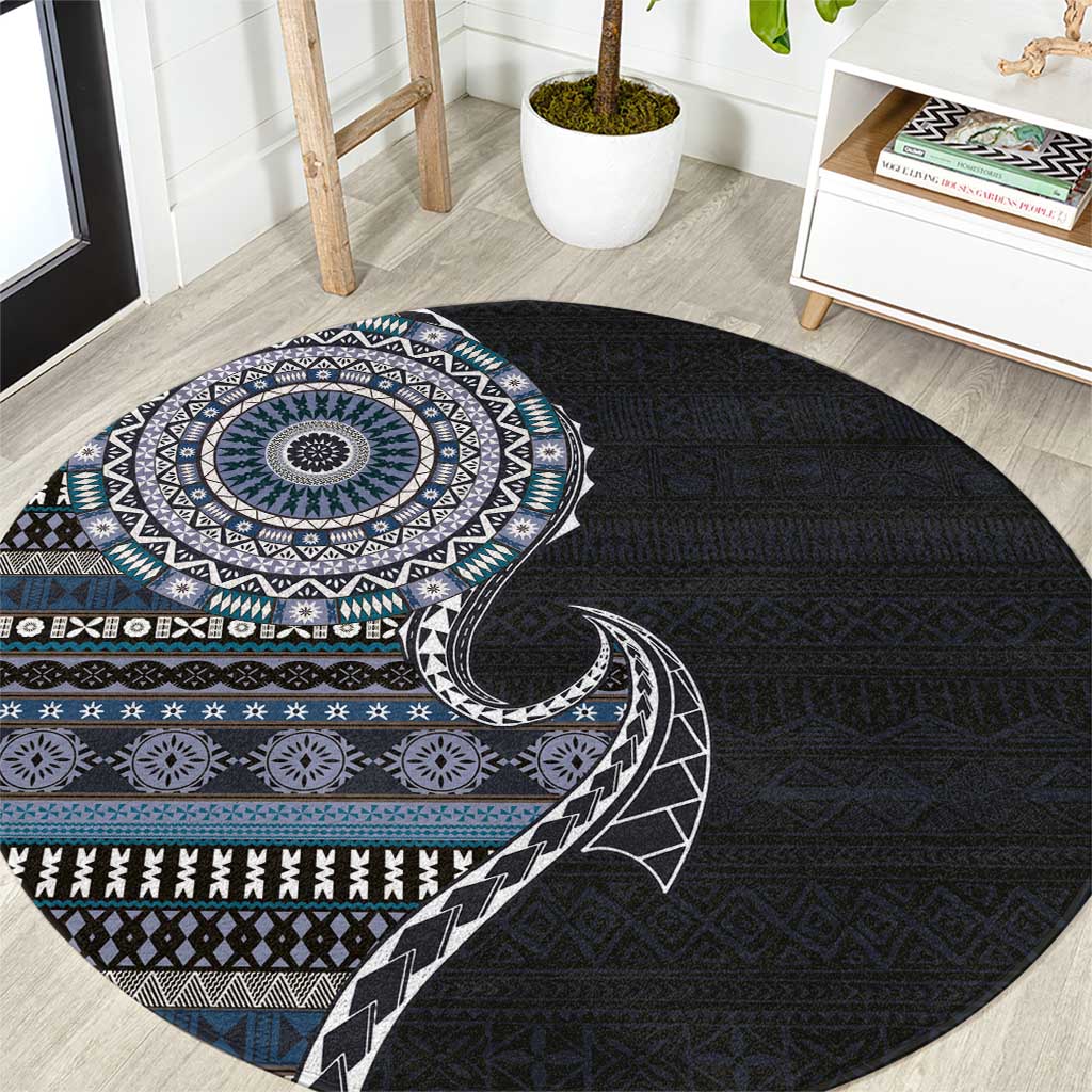Fijian Masi Tribal Tattoos Art Pattern Round Carpet Navy Color Half Style - Polynesian Pride