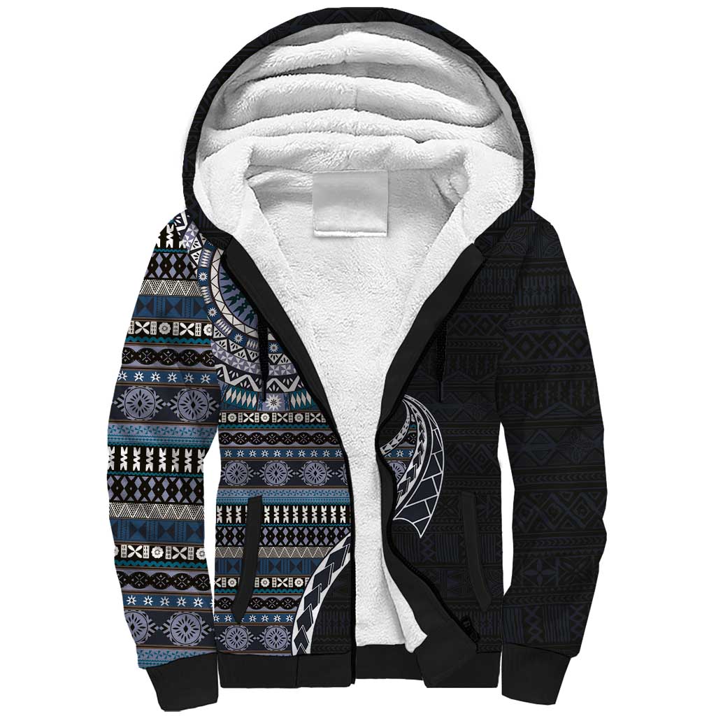 Fijian Masi Tribal Tattoos Art Pattern Sherpa Hoodie Navy Color Half Style - Polynesian Pride