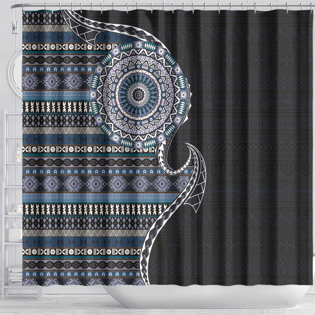 Fijian Masi Tribal Tattoos Art Pattern Shower Curtain Navy Color Half Style - Polynesian Pride