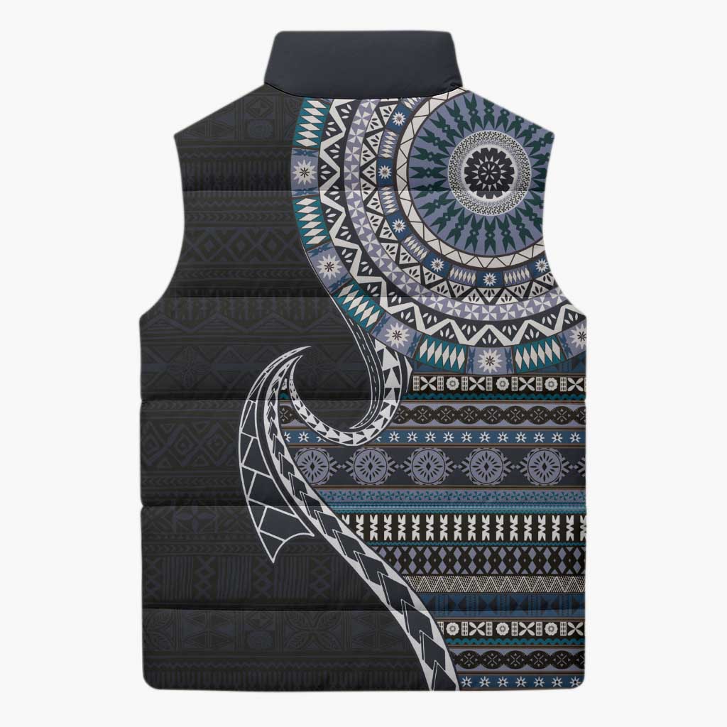 Fijian Masi Tribal Tattoos Art Pattern Sleeveless Puffer Jacket Navy Color Half Style LT03 - Polynesian Pride
