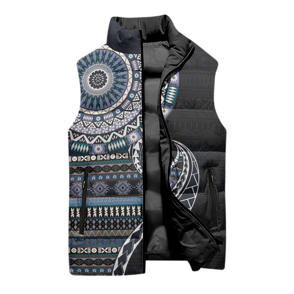 Fijian Masi Tribal Tattoos Art Pattern Sleeveless Puffer Jacket Navy Color Half Style LT03 - Polynesian Pride