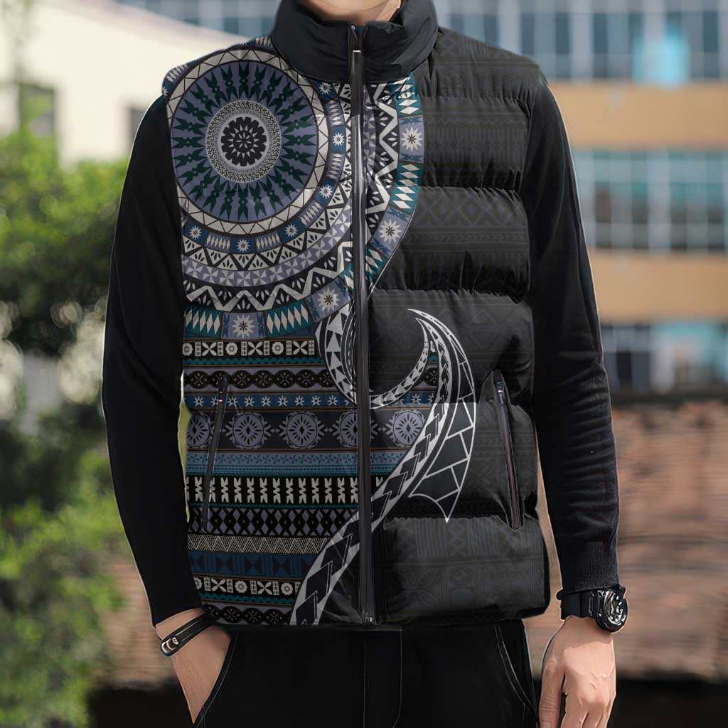 Fijian Masi Tribal Tattoos Art Pattern Sleeveless Puffer Jacket Navy Color Half Style LT03 - Polynesian Pride