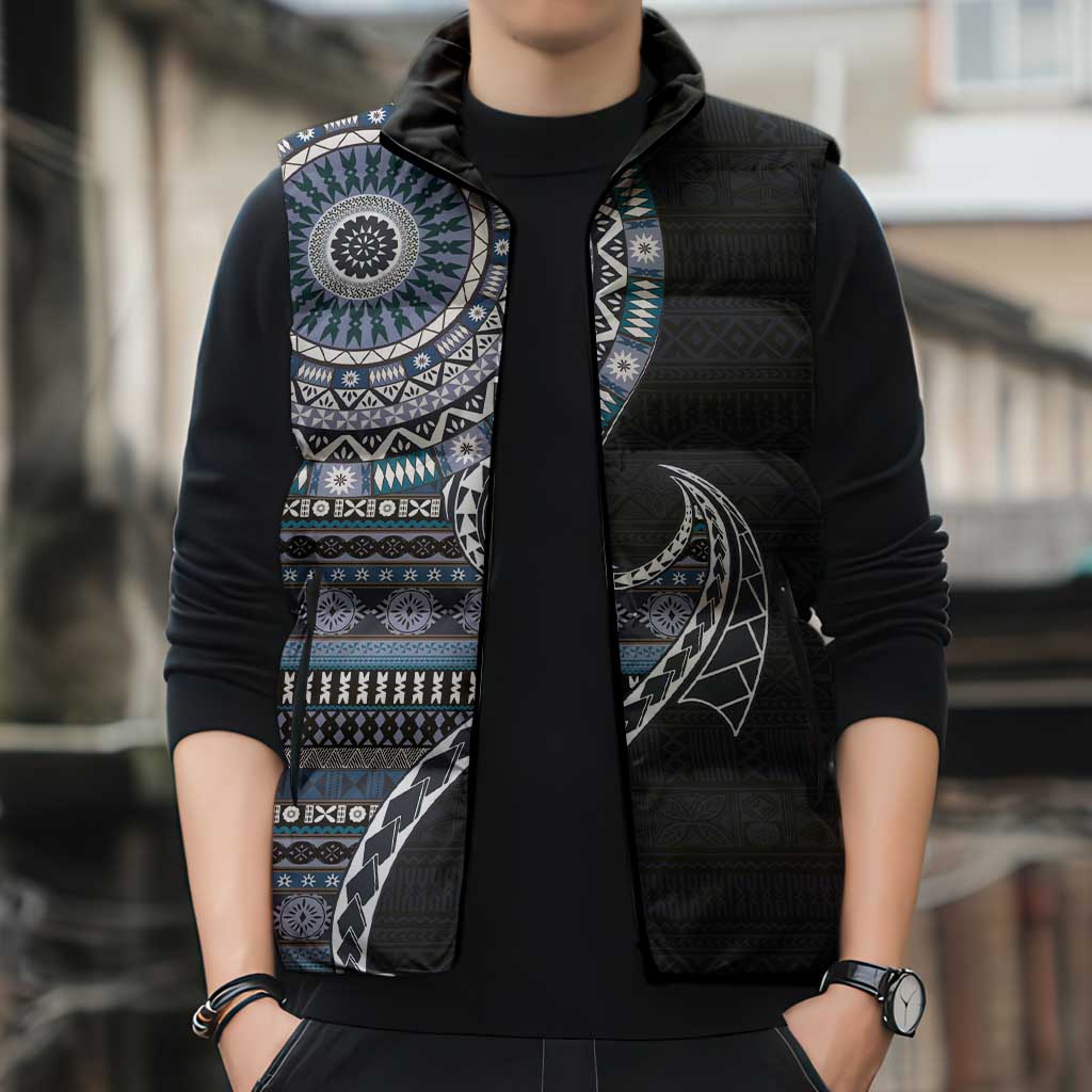 Fijian Masi Tribal Tattoos Art Pattern Sleeveless Puffer Jacket Navy Color Half Style LT03 - Polynesian Pride