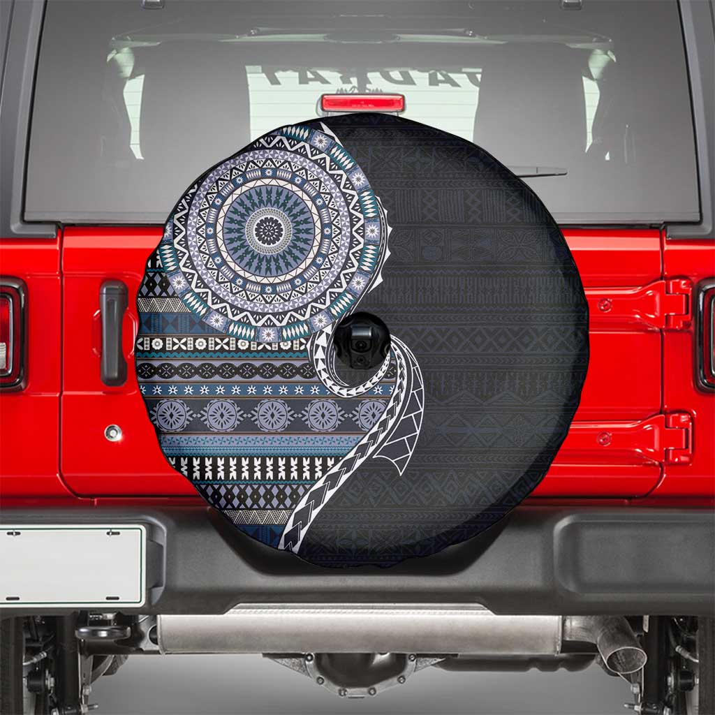 Fijian Masi Tribal Tattoos Art Pattern Spare Tire Cover Navy Color Half Style - Polynesian Pride