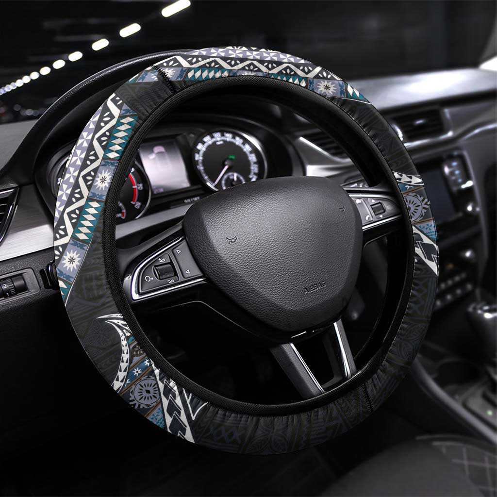 Fijian Masi Tribal Tattoos Art Pattern Steering Wheel Cover Navy Color Half Style - Polynesian Pride