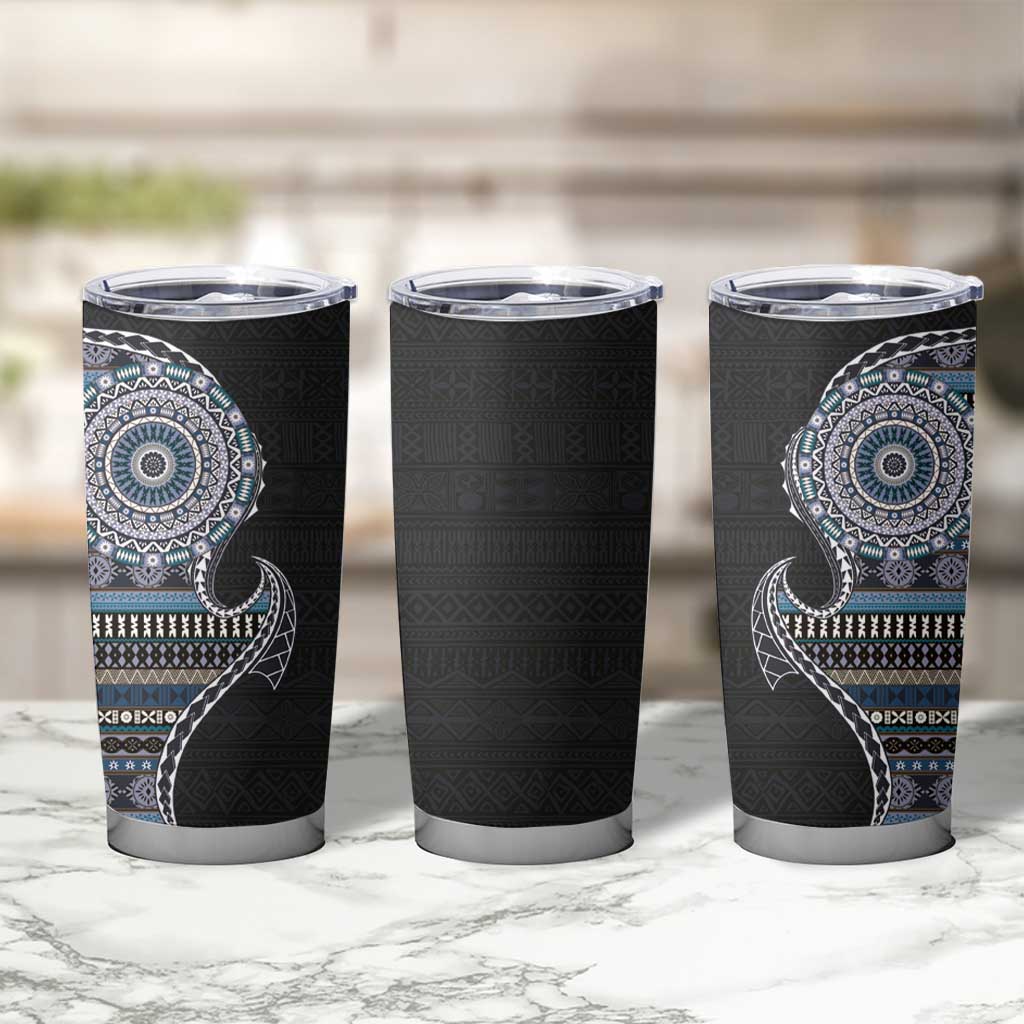 Fijian Masi Tribal Tattoos Art Pattern Tumbler Cup Navy Color Half Style - Polynesian Pride
