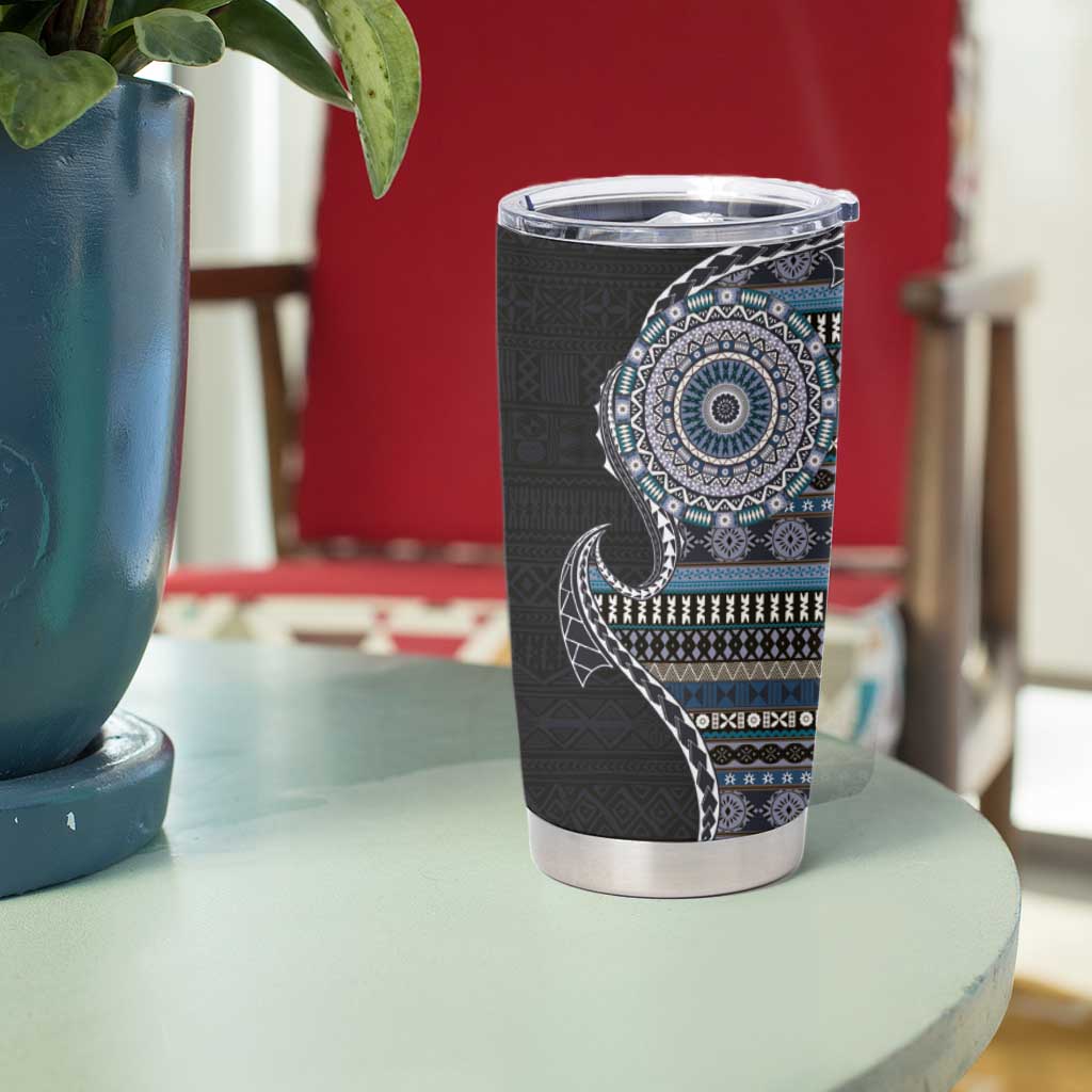 Fijian Masi Tribal Tattoos Art Pattern Tumbler Cup Navy Color Half Style - Polynesian Pride