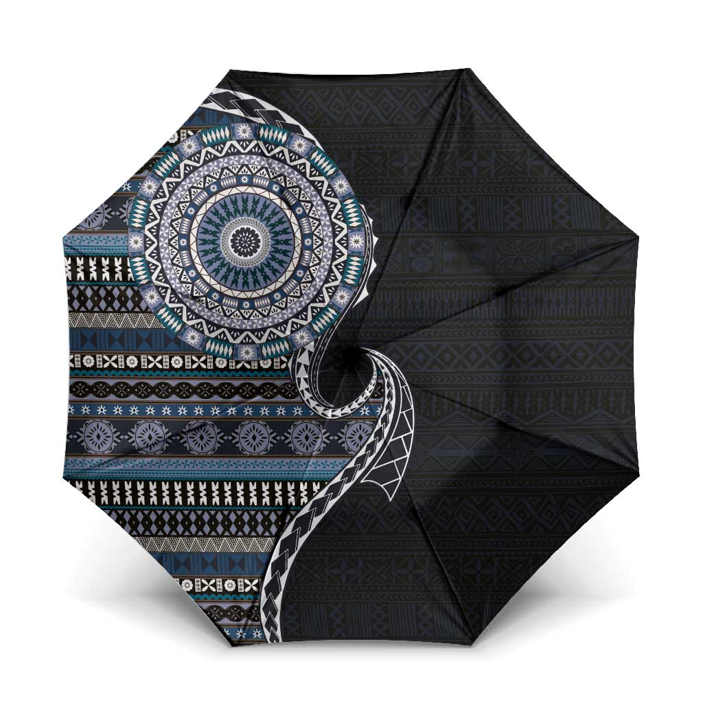 Fijian Masi Tribal Tattoos Art Pattern Umbrella Navy Color Half Style - Polynesian Pride