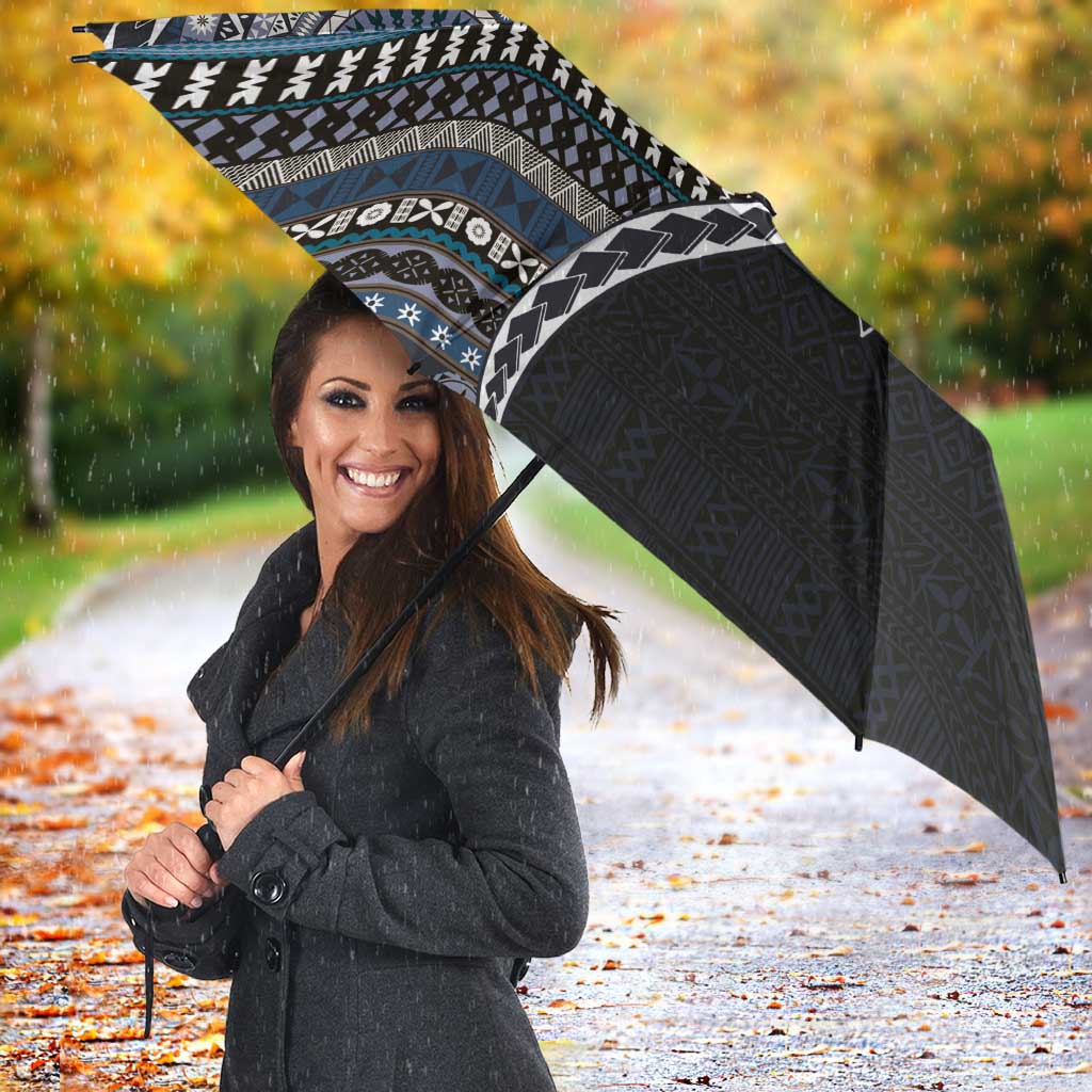 Fijian Masi Tribal Tattoos Art Pattern Umbrella Navy Color Half Style - Polynesian Pride