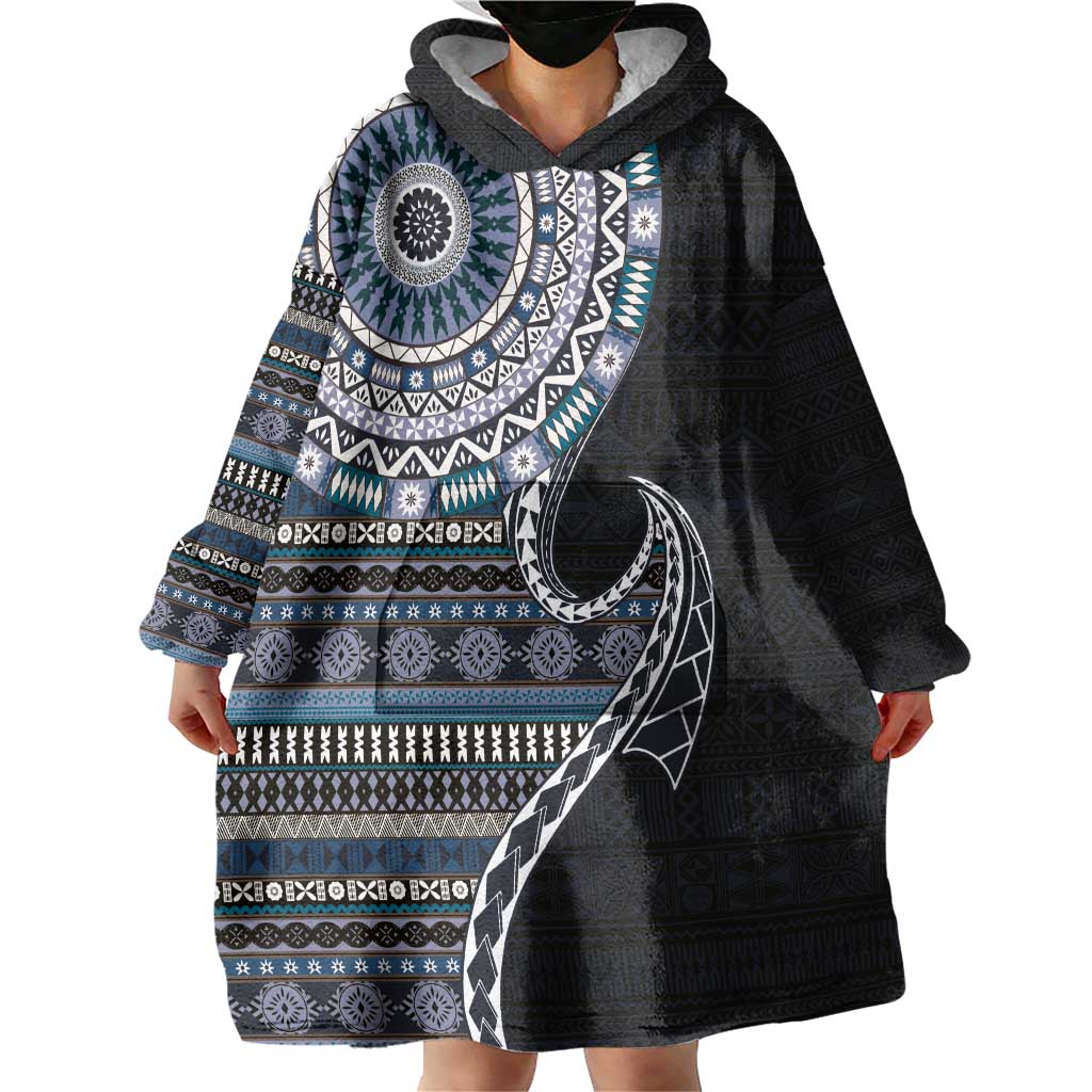 Fijian Masi Tribal Tattoos Art Pattern Wearable Blanket Hoodie Navy Color Half Style - Polynesian Pride