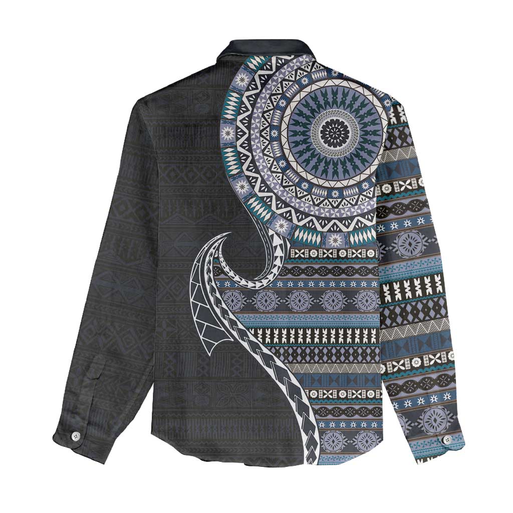 Fijian Masi Tribal Tattoos Art Pattern Women Casual Shirt Navy Color Half Style - Polynesian Pride