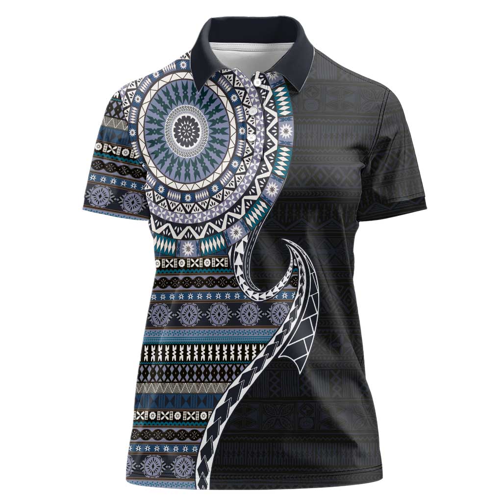 Fijian Masi Tribal Tattoos Art Pattern Women Polo Shirt Navy Color Half Style - Polynesian Pride