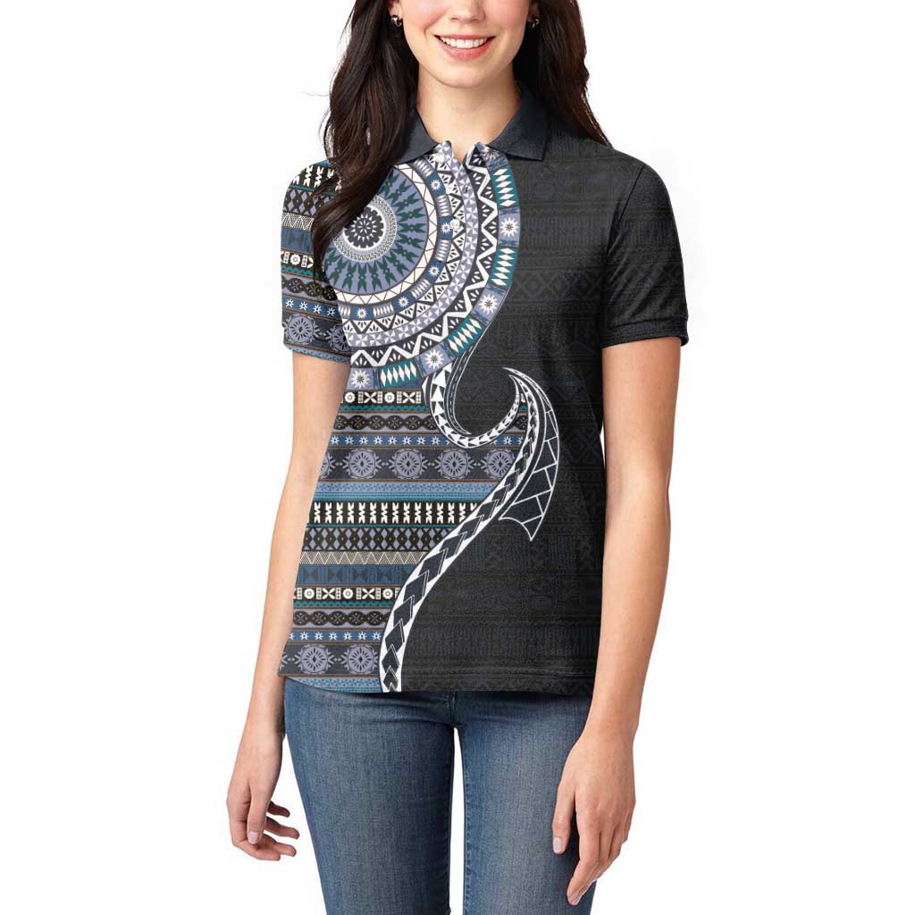 Fijian Masi Tribal Tattoos Art Pattern Women Polo Shirt Navy Color Half Style - Polynesian Pride
