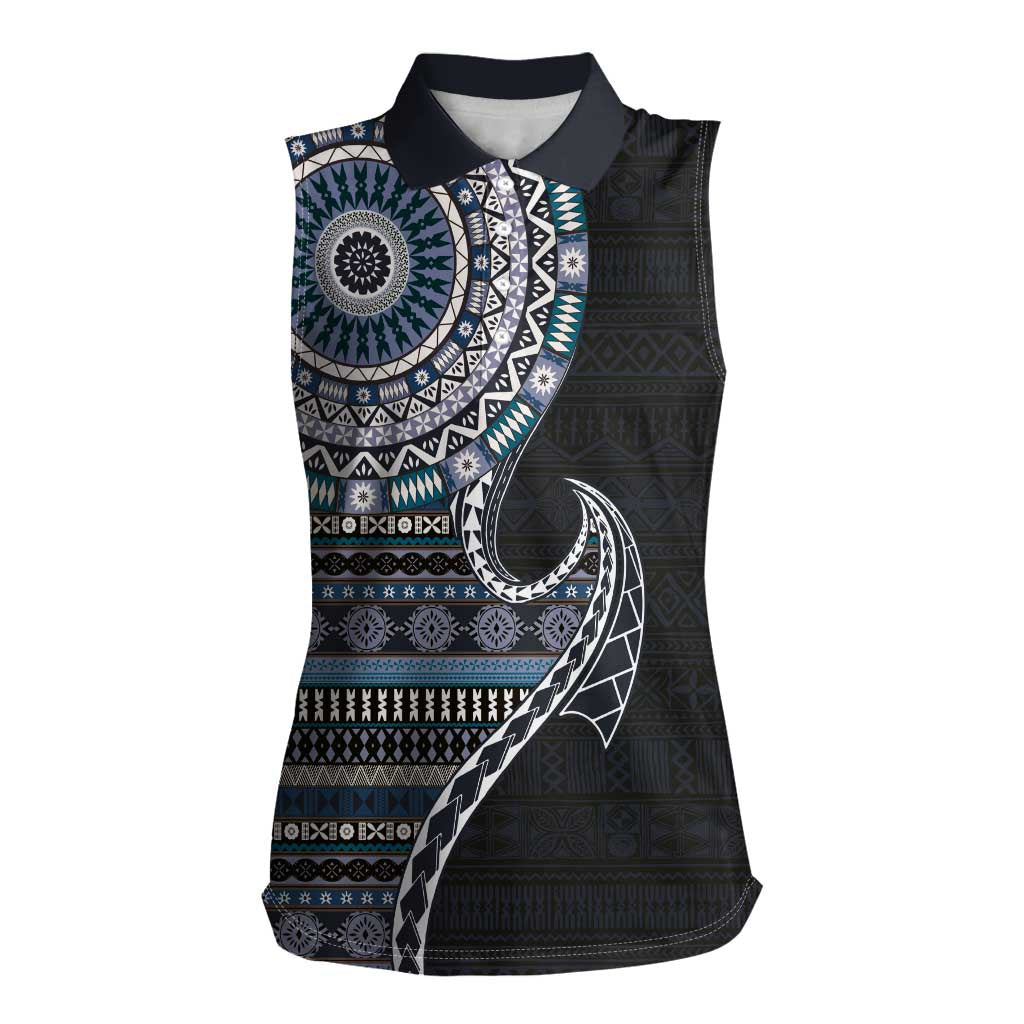 Fijian Masi Tribal Tattoos Art Pattern Women Sleeveless Polo Shirt Navy Color Half Style LT03 Female Navy - Polynesian Pride