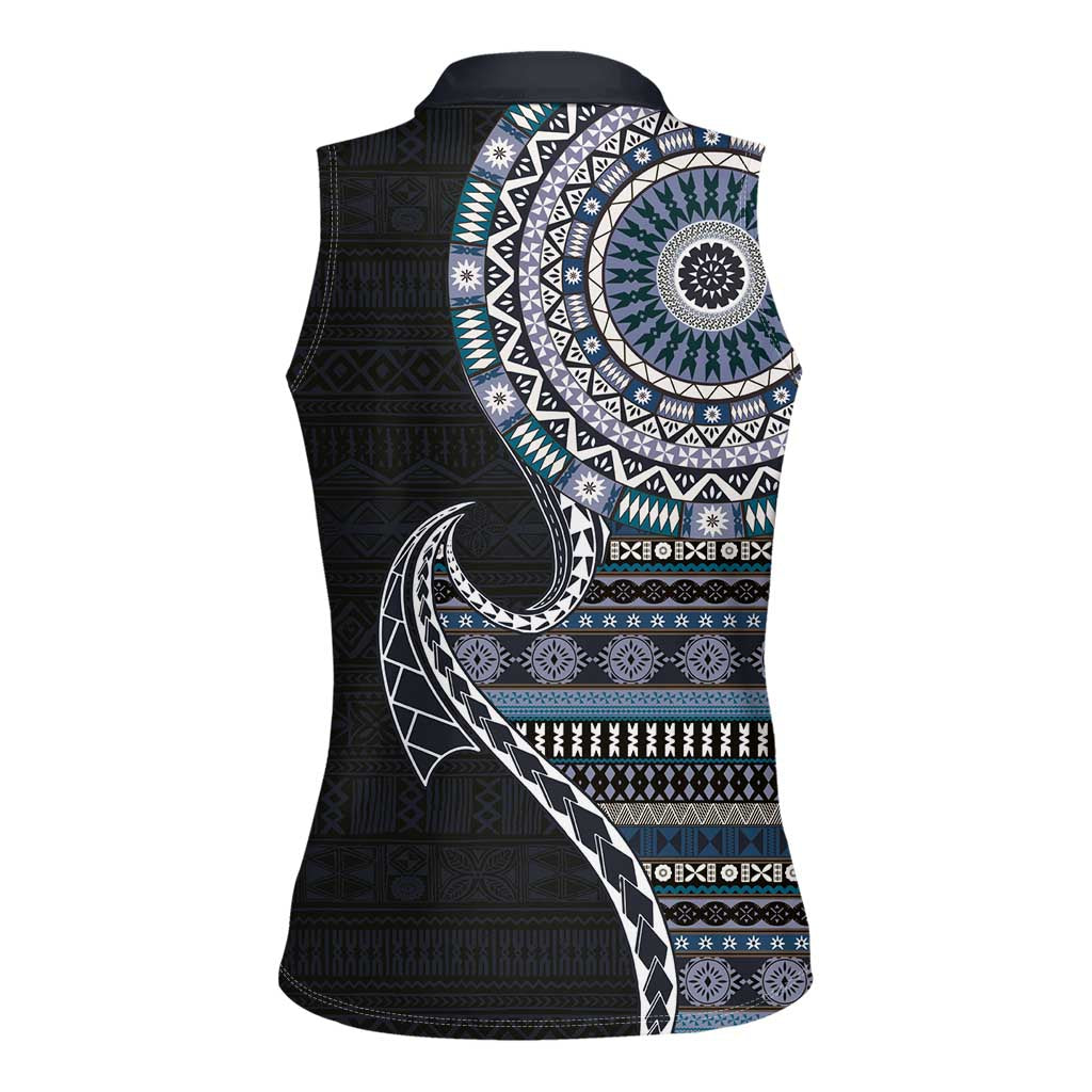 Fijian Masi Tribal Tattoos Art Pattern Women Sleeveless Polo Shirt Navy Color Half Style LT03 - Polynesian Pride