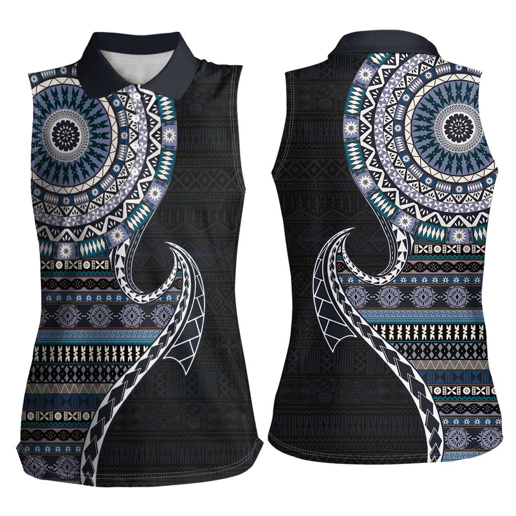 Fijian Masi Tribal Tattoos Art Pattern Women Sleeveless Polo Shirt Navy Color Half Style LT03 - Polynesian Pride