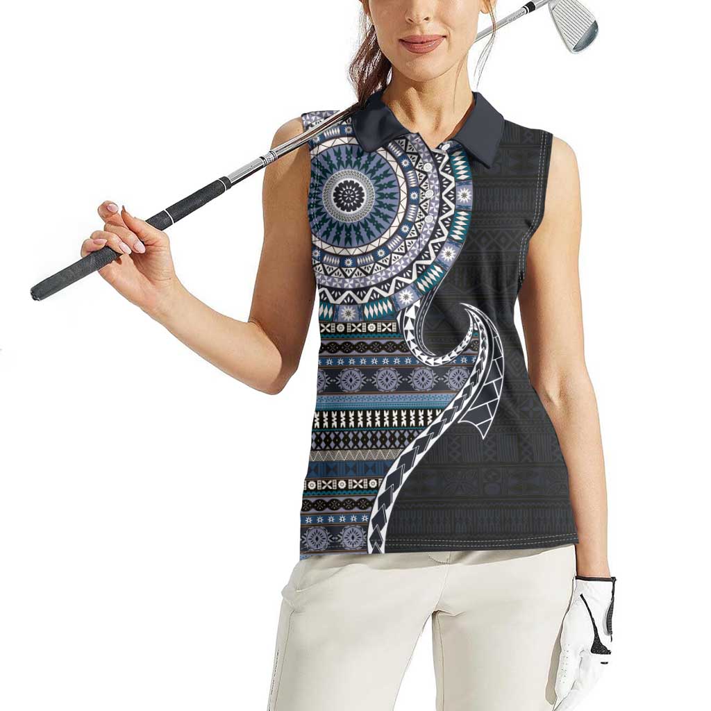 Fijian Masi Tribal Tattoos Art Pattern Women Sleeveless Polo Shirt Navy Color Half Style LT03 - Polynesian Pride