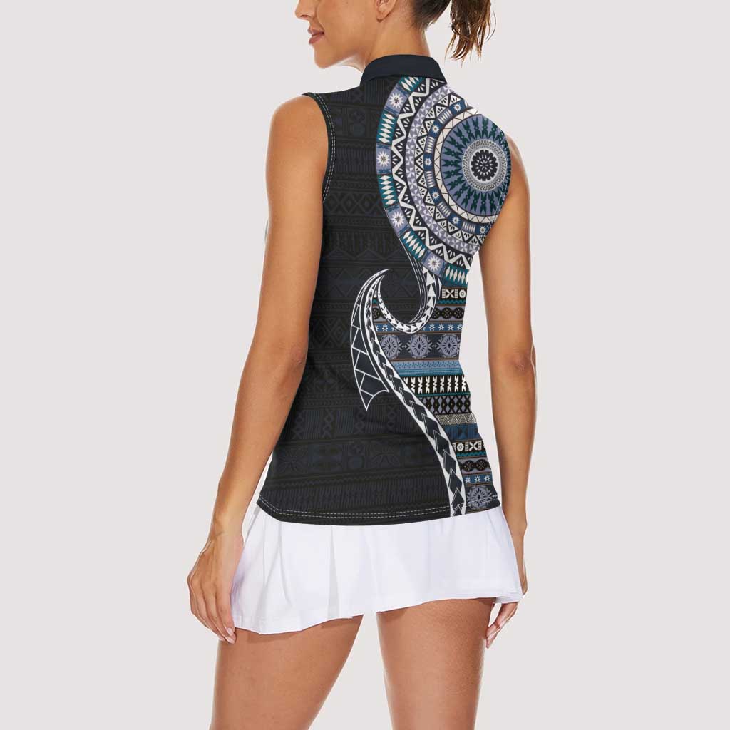 Fijian Masi Tribal Tattoos Art Pattern Women Sleeveless Polo Shirt Navy Color Half Style LT03 - Polynesian Pride