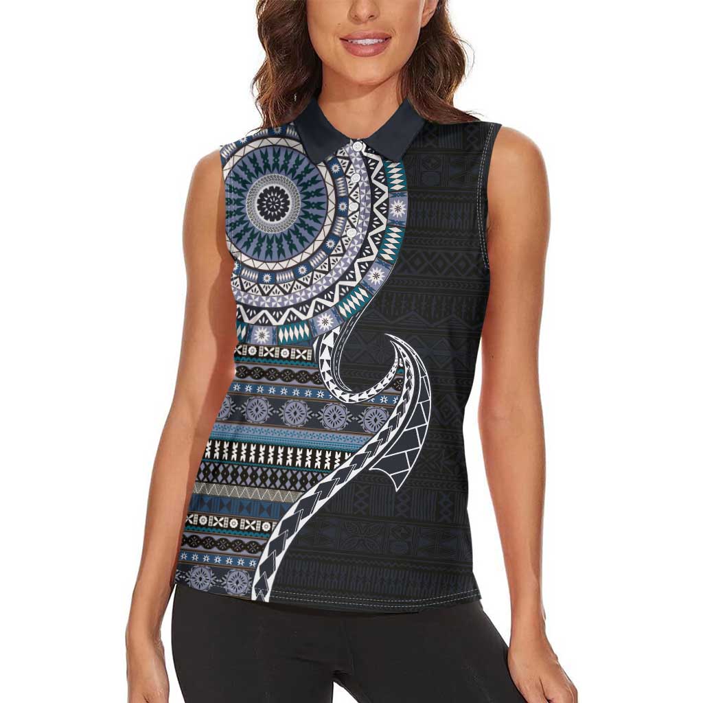 Fijian Masi Tribal Tattoos Art Pattern Women Sleeveless Polo Shirt Navy Color Half Style LT03 - Polynesian Pride