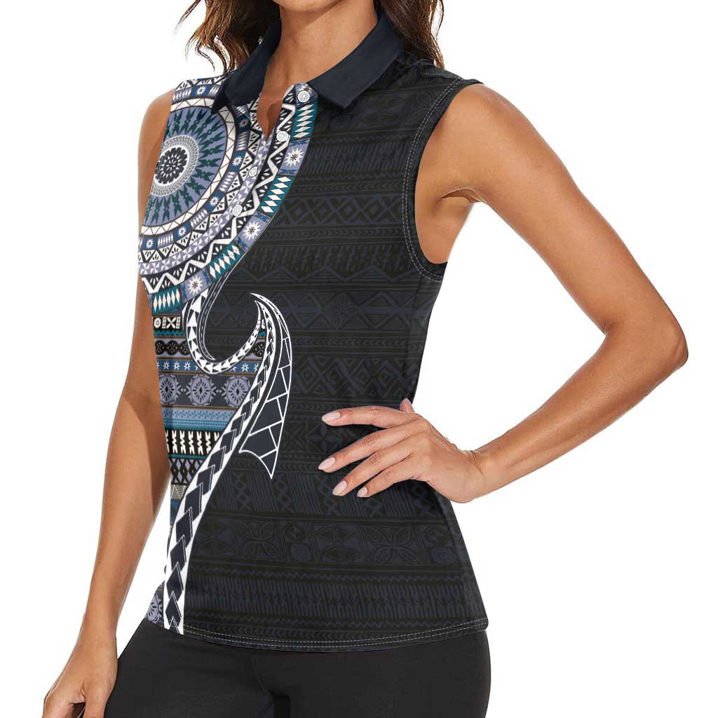 Fijian Masi Tribal Tattoos Art Pattern Women Sleeveless Polo Shirt Navy Color Half Style LT03 - Polynesian Pride