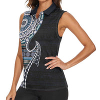 Fijian Masi Tribal Tattoos Art Pattern Women Sleeveless Polo Shirt Navy Color Half Style LT03 - Polynesian Pride