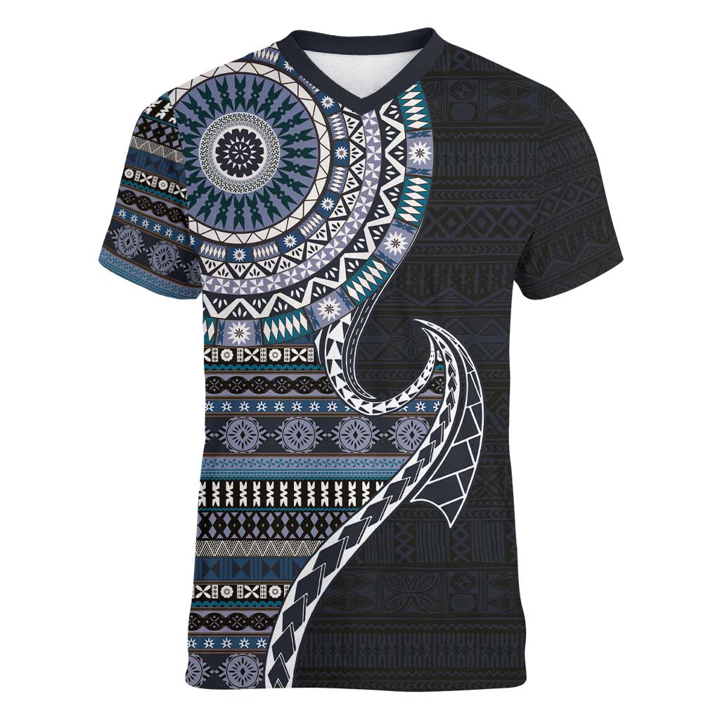 Fijian Masi Tribal Tattoos Art Pattern Women V-Neck T-Shirt Navy Color Half Style - Polynesian Pride