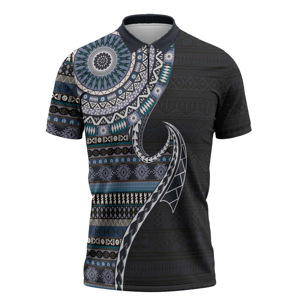 Fijian Masi Tribal Tattoos Art Pattern Zipper Polo Shirt Navy Color Half Style LT03 Navy - Polynesian Pride