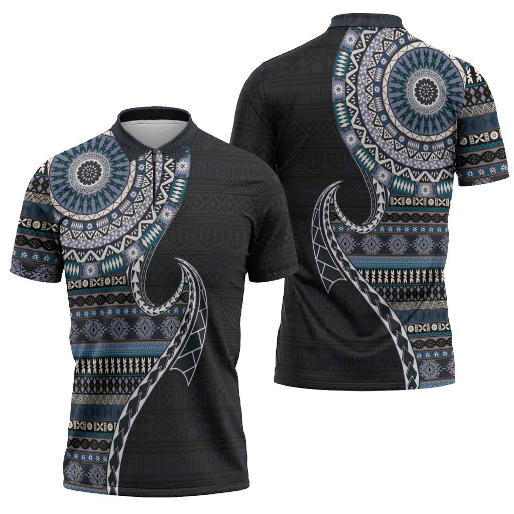 Fijian Masi Tribal Tattoos Art Pattern Zipper Polo Shirt Navy Color Half Style LT03 - Polynesian Pride