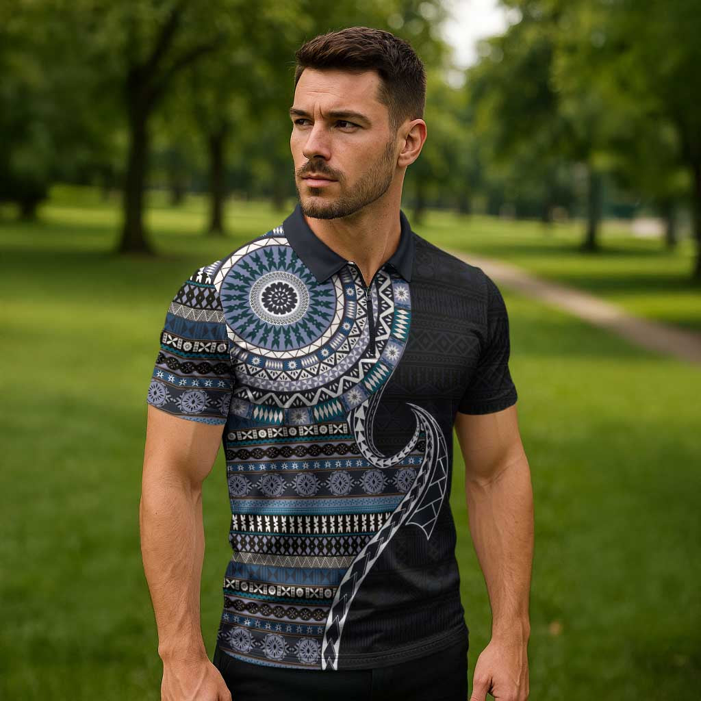 Fijian Masi Tribal Tattoos Art Pattern Zipper Polo Shirt Navy Color Half Style LT03 - Polynesian Pride