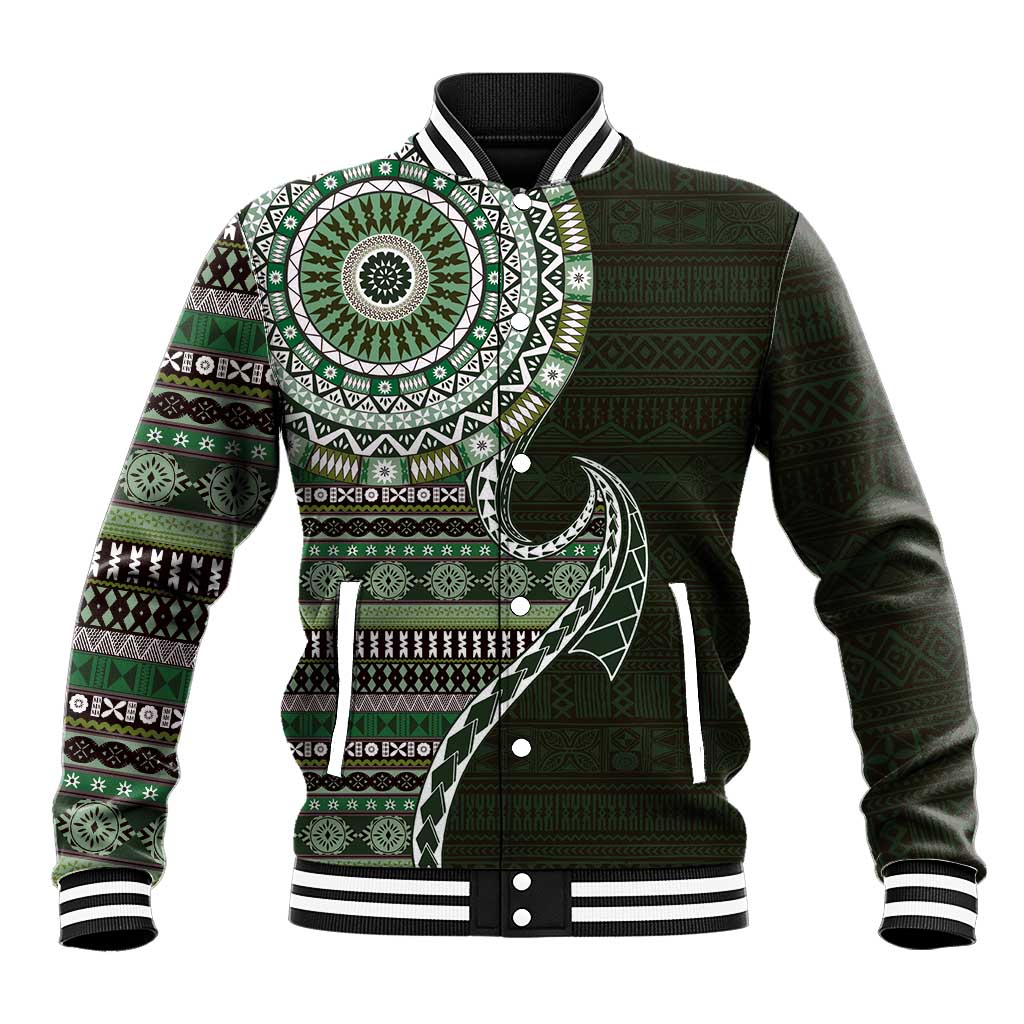 Fijian Masi Tribal Tattoos Art Pattern Baseball Jacket Green Color Half Style LT03 Unisex Green - Polynesian Pride