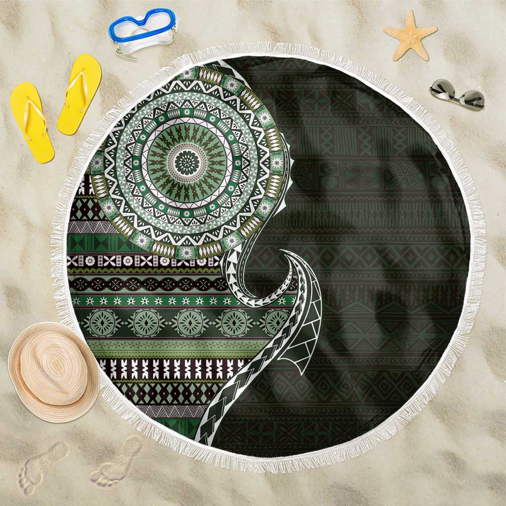 Fijian Masi Tribal Tattoos Art Pattern Beach Blanket Green Color Half Style - Polynesian Pride