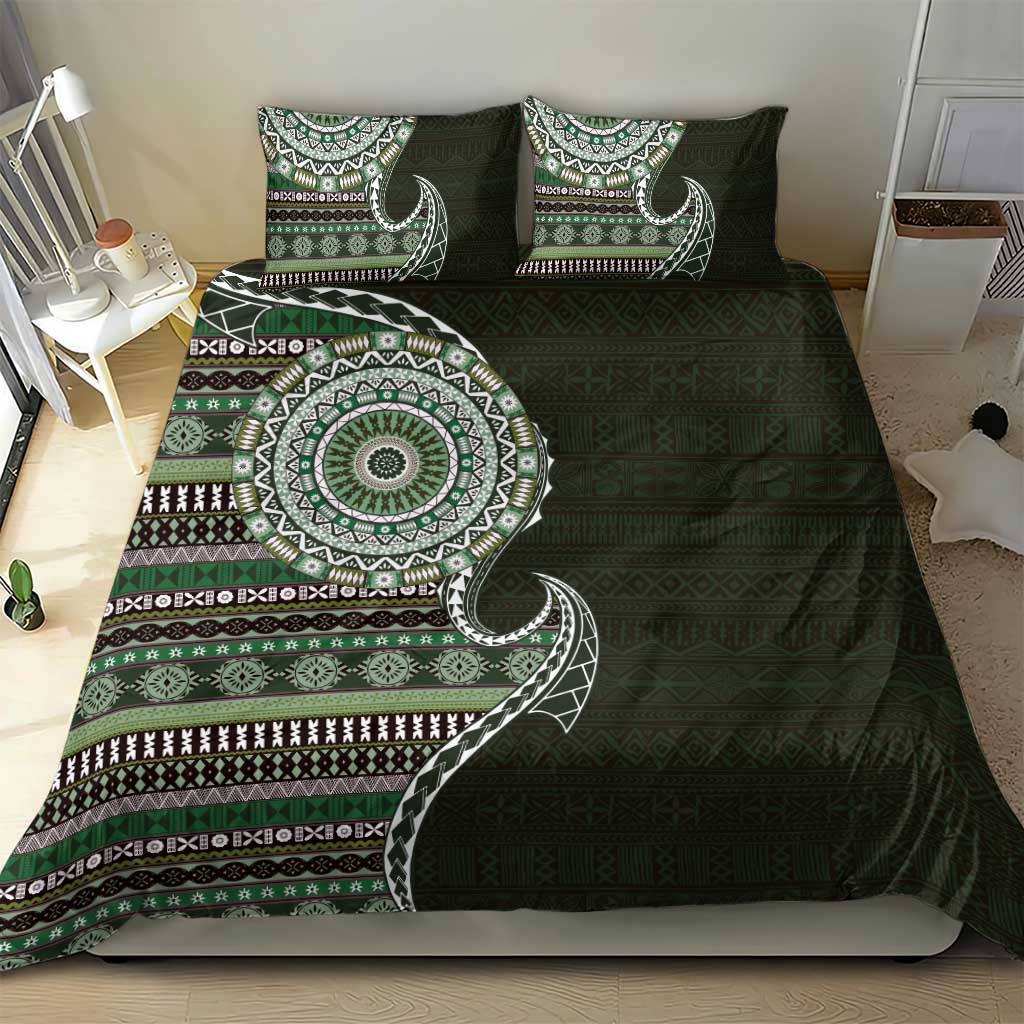 Fijian Masi Tribal Tattoos Art Pattern Bedding Set Green Color Half Style - Polynesian Pride