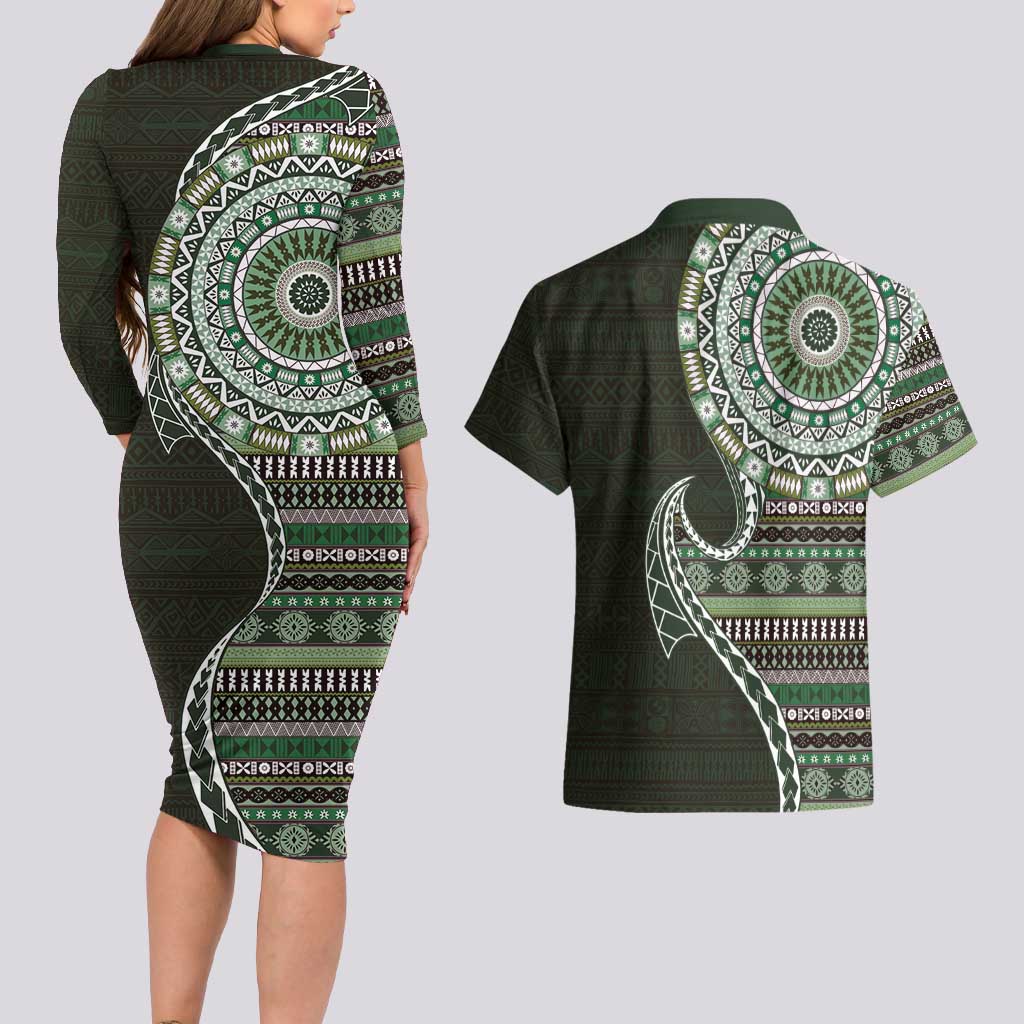 Fijian Masi Tribal Tattoos Art Pattern Couples Matching Long Sleeve Bodycon Dress and Hawaiian Shirt Green Color Half Style - Polynesian Pride