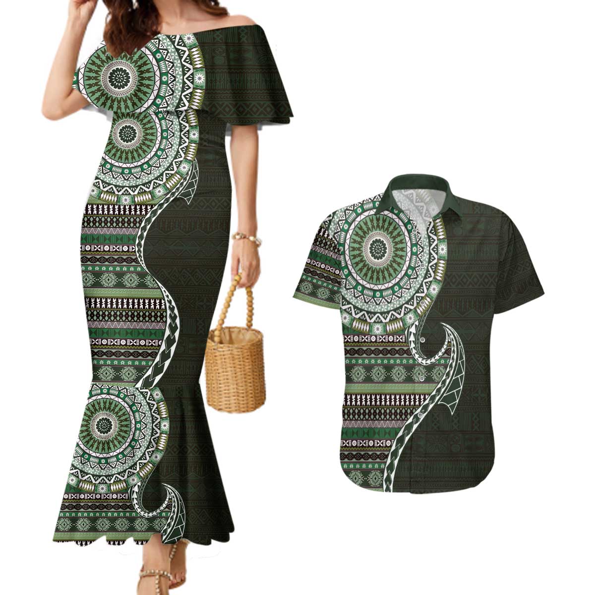 Fijian Masi Tribal Tattoos Art Pattern Couples Matching Mermaid Dress and Hawaiian Shirt Green Color Half Style - Polynesian Pride