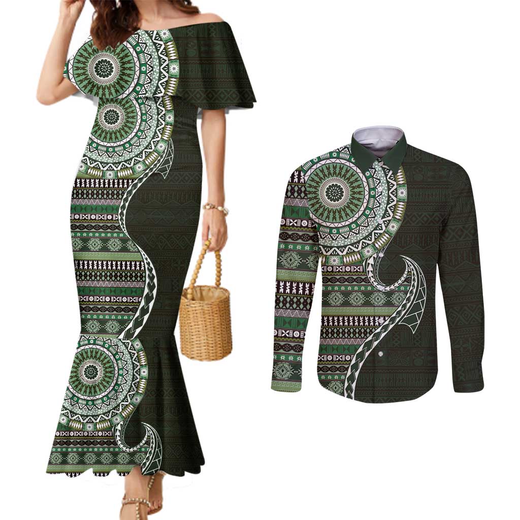 Fijian Masi Tribal Tattoos Art Pattern Couples Matching Mermaid Dress and Long Sleeve Button Shirt Green Color Half Style - Polynesian Pride