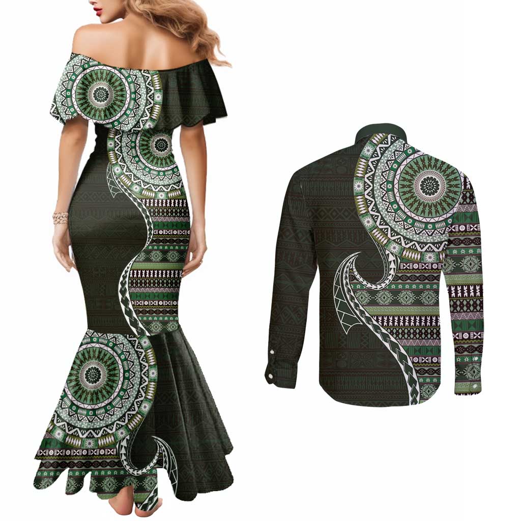 Fijian Masi Tribal Tattoos Art Pattern Couples Matching Mermaid Dress and Long Sleeve Button Shirt Green Color Half Style LT03 - Polynesian Pride