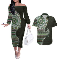 Fijian Masi Tribal Tattoos Art Pattern Couples Matching Off The Shoulder Long Sleeve Dress and Hawaiian Shirt Green Color Half Style LT03 Green - Polynesian Pride
