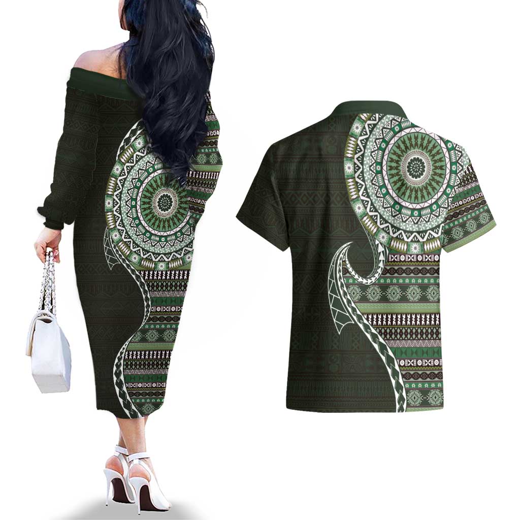 Fijian Masi Tribal Tattoos Art Pattern Couples Matching Off The Shoulder Long Sleeve Dress and Hawaiian Shirt Green Color Half Style LT03 - Polynesian Pride
